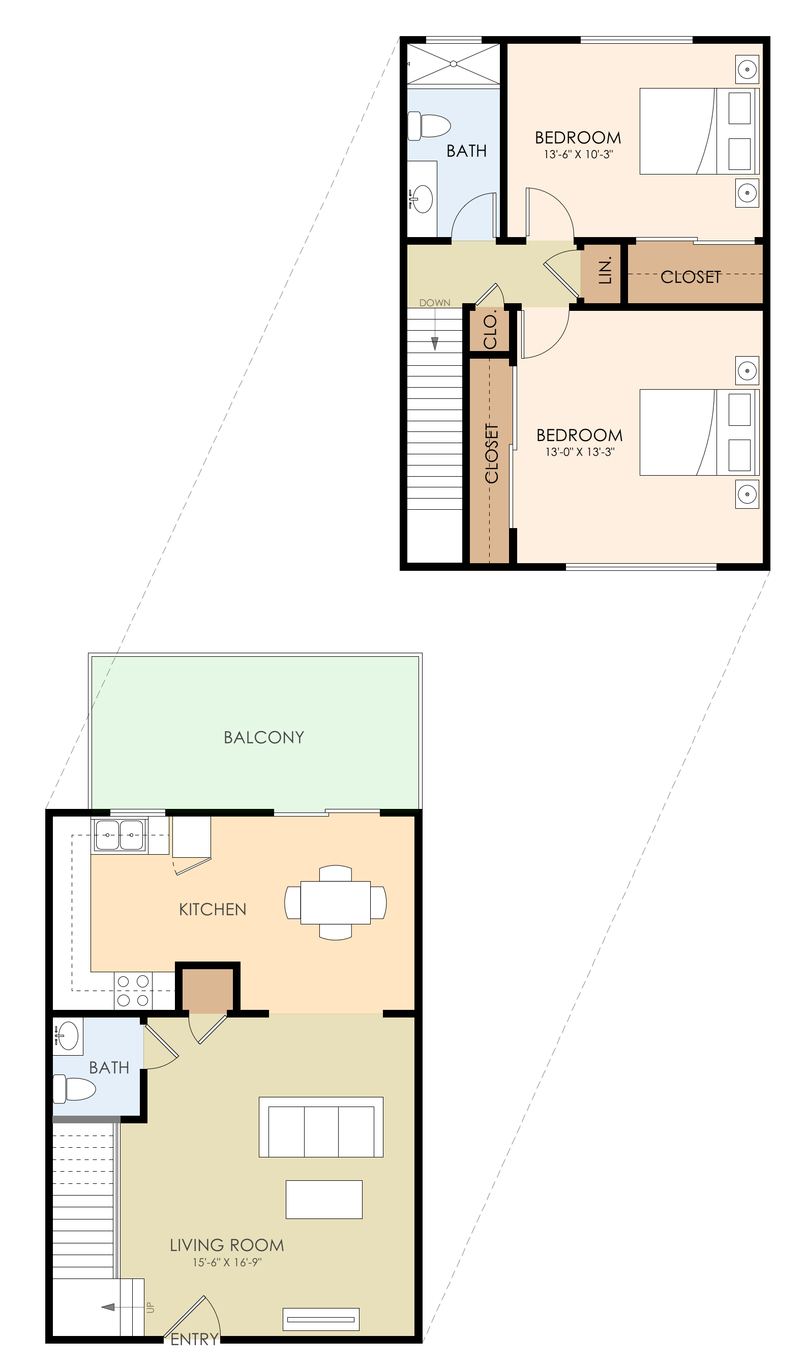 Floor plan for 2 beds, 1.5 baths